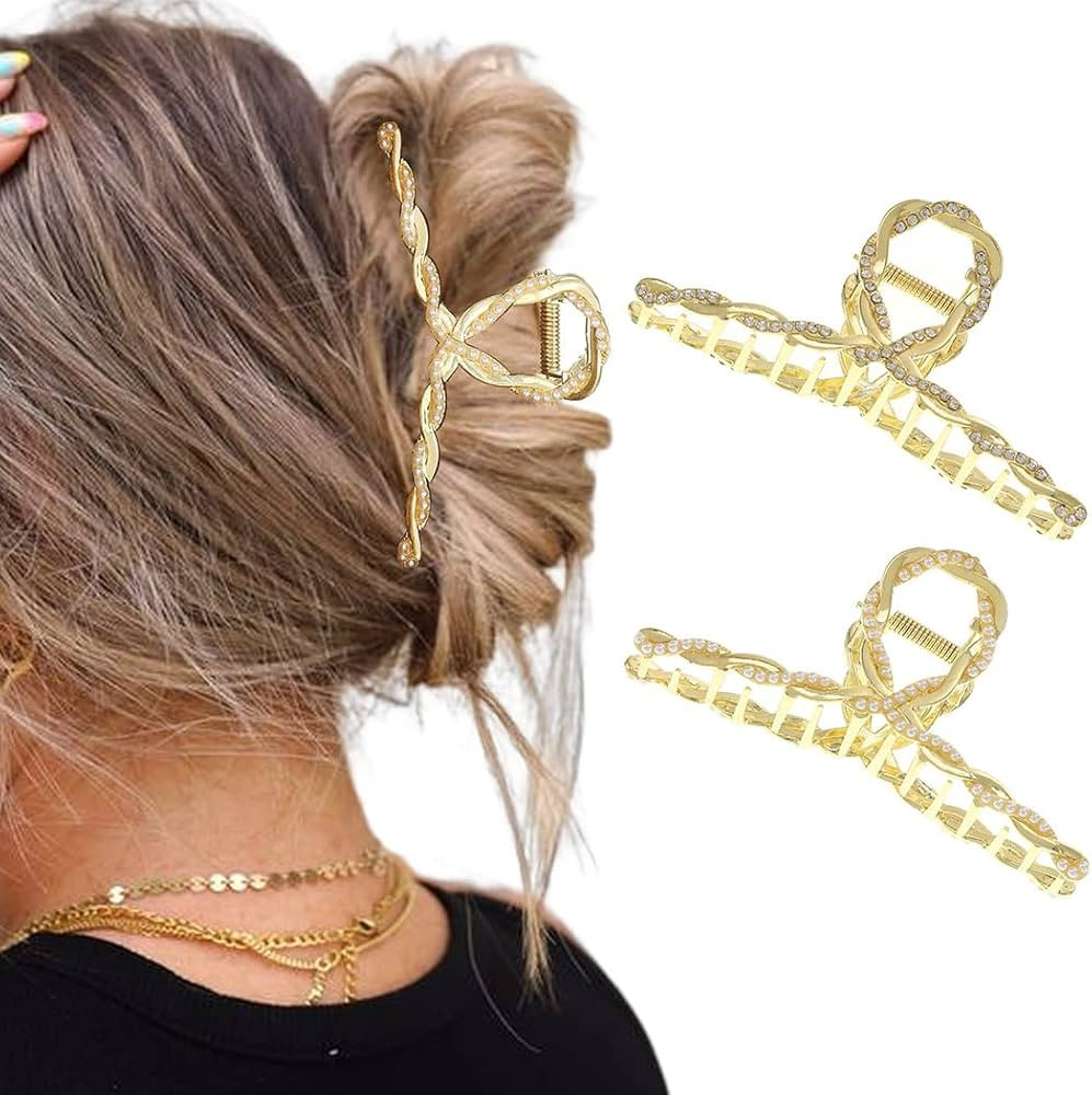 Brinie Hair Clips Claw Gold Metal Hair Claw Barrettes Pearl Hair Clamps Braid Large Size Hair Cat... | Amazon (US)