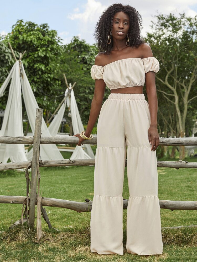 Puff Sleeve Bardot Top & Pants Set | SHEIN