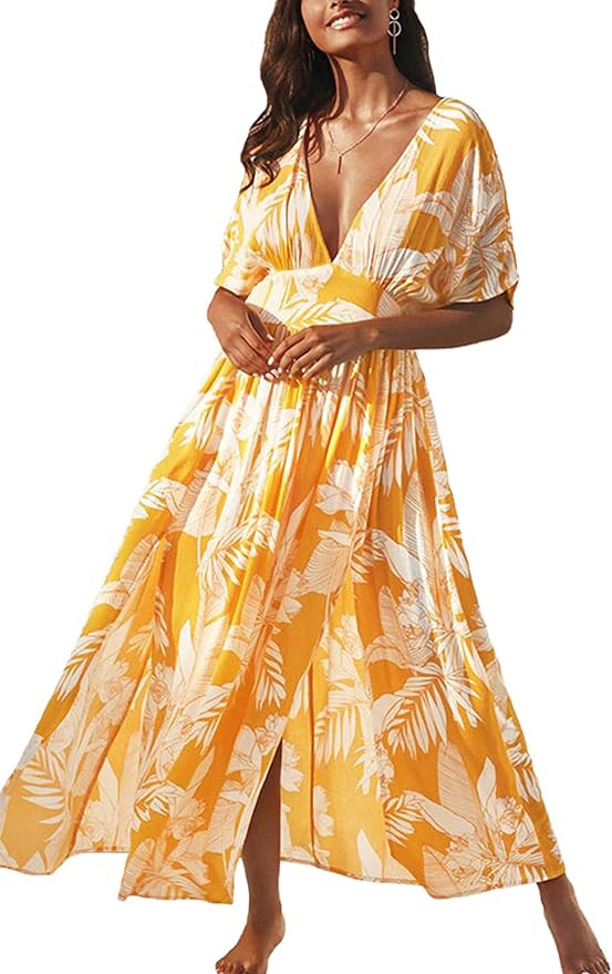 CUPSHE Dress for Women Summer Midi Dress V Neck Button Elastic Waist Cut Out Back 3/4 Sleeves Flo... | Amazon (US)