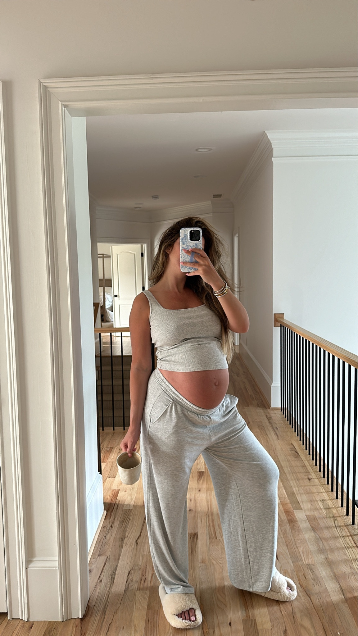 Comfy lounge pants - small
Ribbed tank - small 
Slippers - true to size 
Bump friendly lounge wear 

#LTKbaby #LTKfindsunder50 #LTKbump