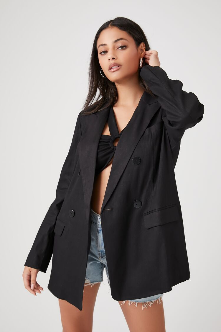 Women's Linen-Blend Double-Breasted Blazer in Black Medium | Forever 21