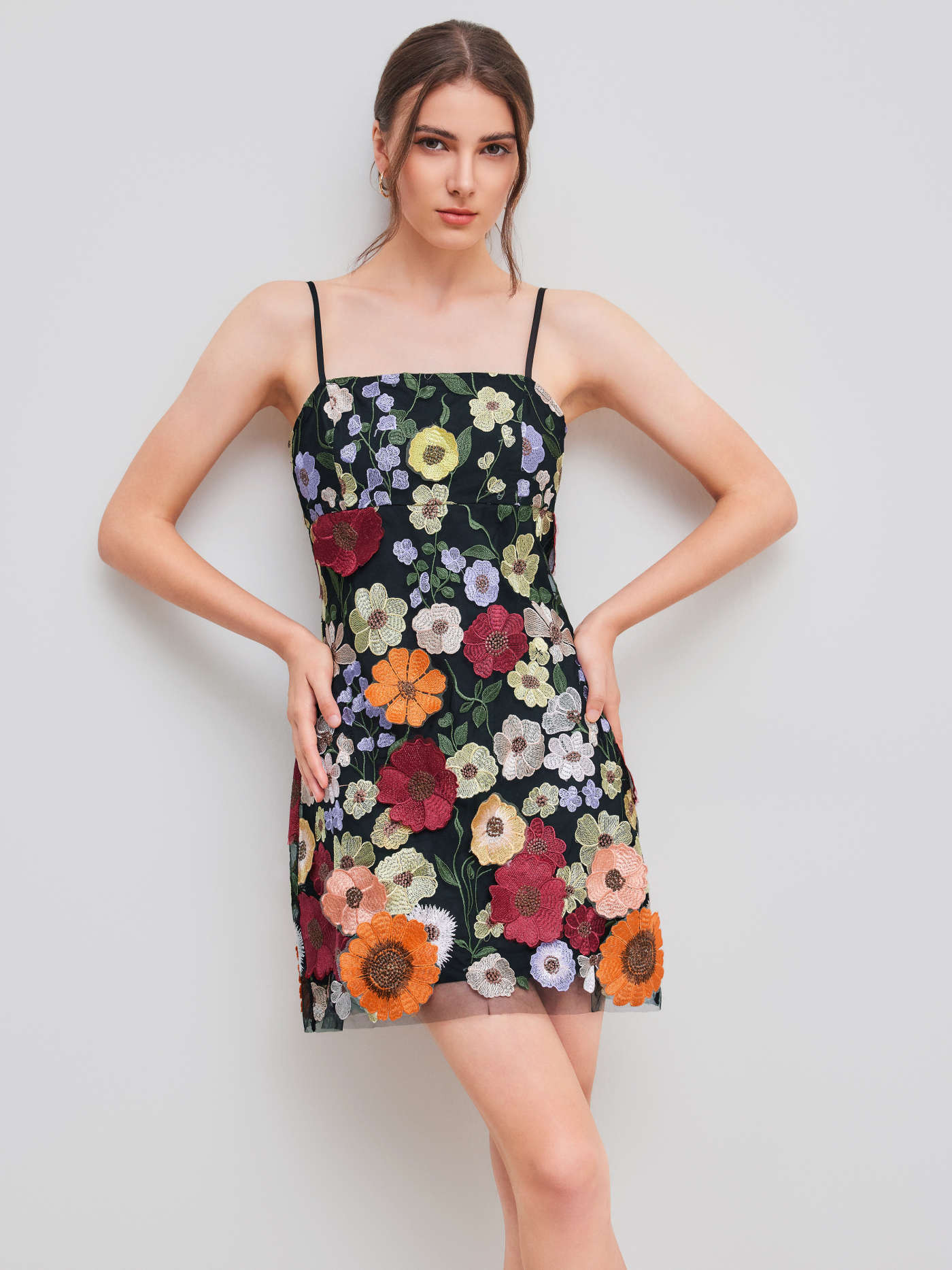 Jacquard Square Neck Colorful Floral Embroidery Mini Dress | Cider