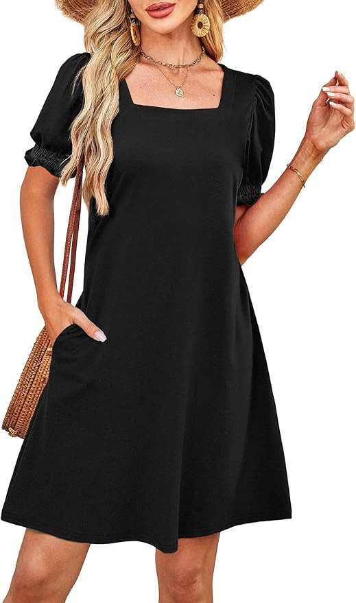 RUMIA Summer Dresses for Women 2025 Casual Cute Square Neck Puff Short Sleeve Dress with Pockets | Amazon (US)