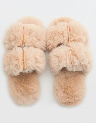 Aerie Fuzzy Double Strap Slippers | Aerie