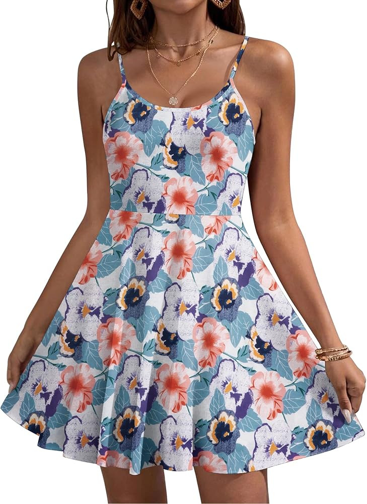 HOTOUCH Women's Summer Dress Adjustable Spaghetti Strap Floral Mini Casual Dress with Pockets Fit... | Amazon (US)