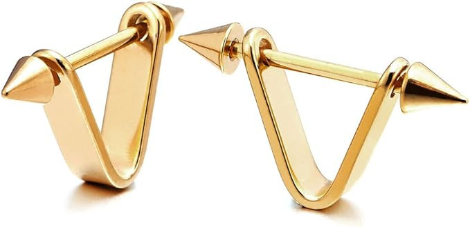 Gold Color Spike Triangle Huggie Hinged Hoop Earrings for Men Women, Stainless Steel, 2pcs | Amazon (US)