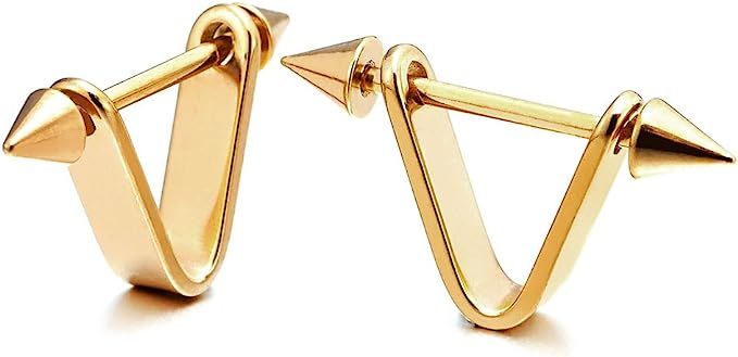 Gold Color Spike Triangle Huggie Hinged Hoop Earrings for Men Women, Stainless Steel, 2pcs | Amazon (US)