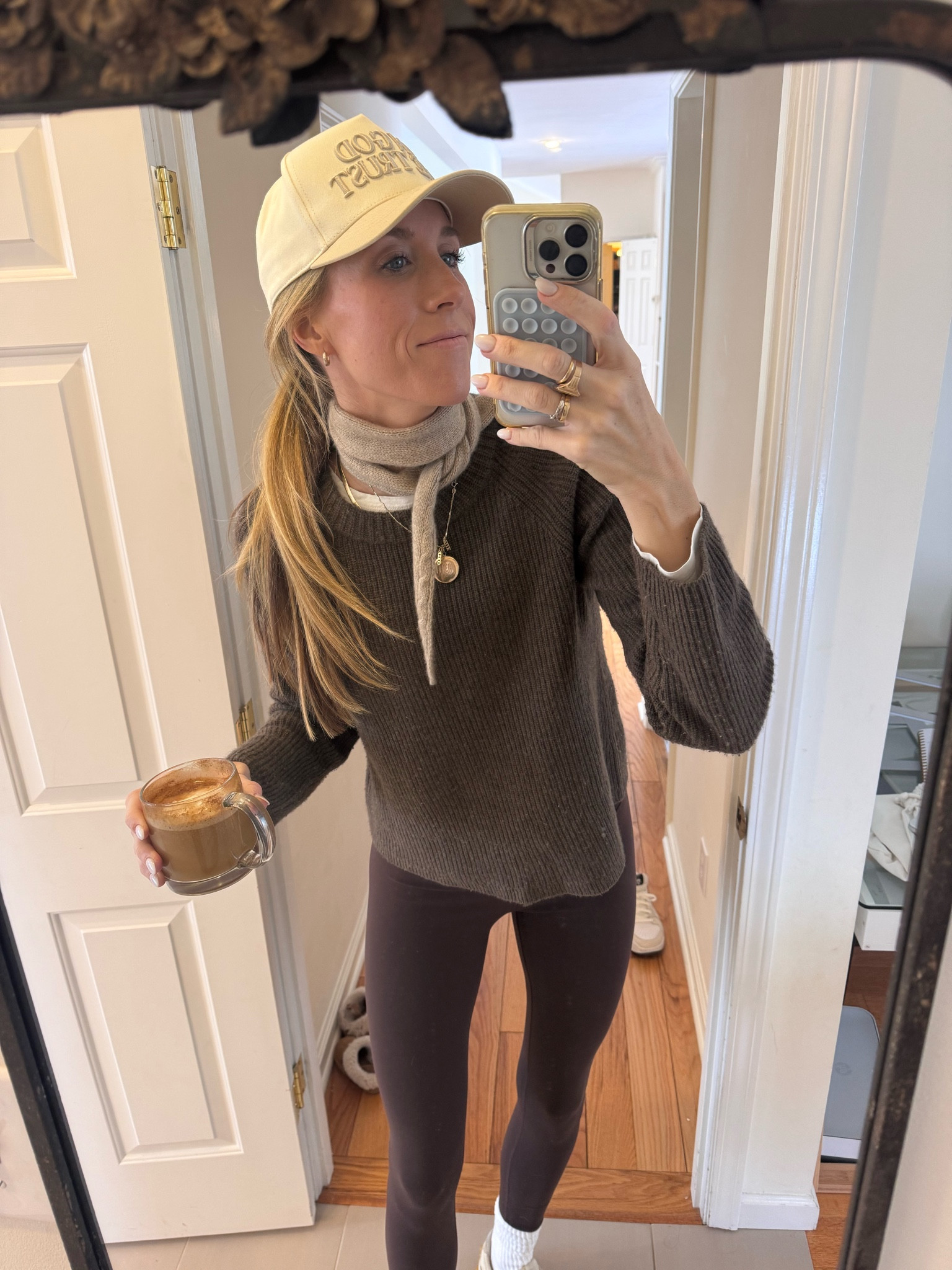 My go to  comfortable effortless outfit for errands! Love a monochromatic moment: cashmere sweater, lululemon leggings, new balance tennis shoes and my new favorite mini neck scarf! 

#LTKTravel #LTKActive #LTKStyleTip