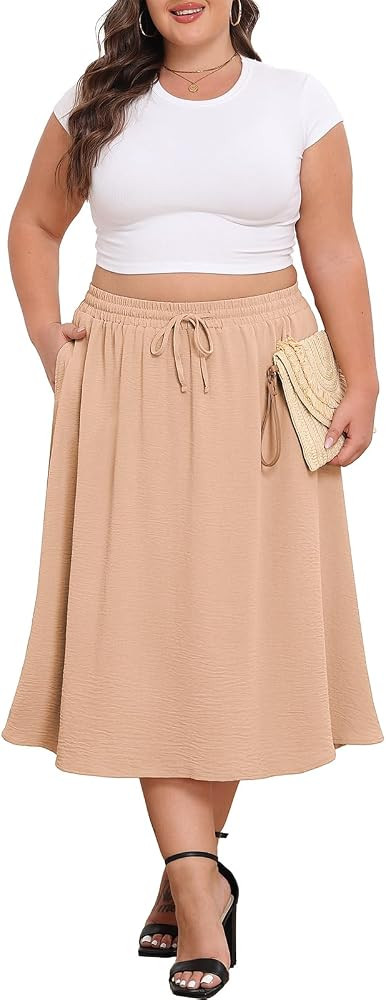 Lastshe Women's Plus Size Midi Skirts Elastic High Waisted Casual Loose Boho A-Line Flowy Skirt w... | Amazon (US)
