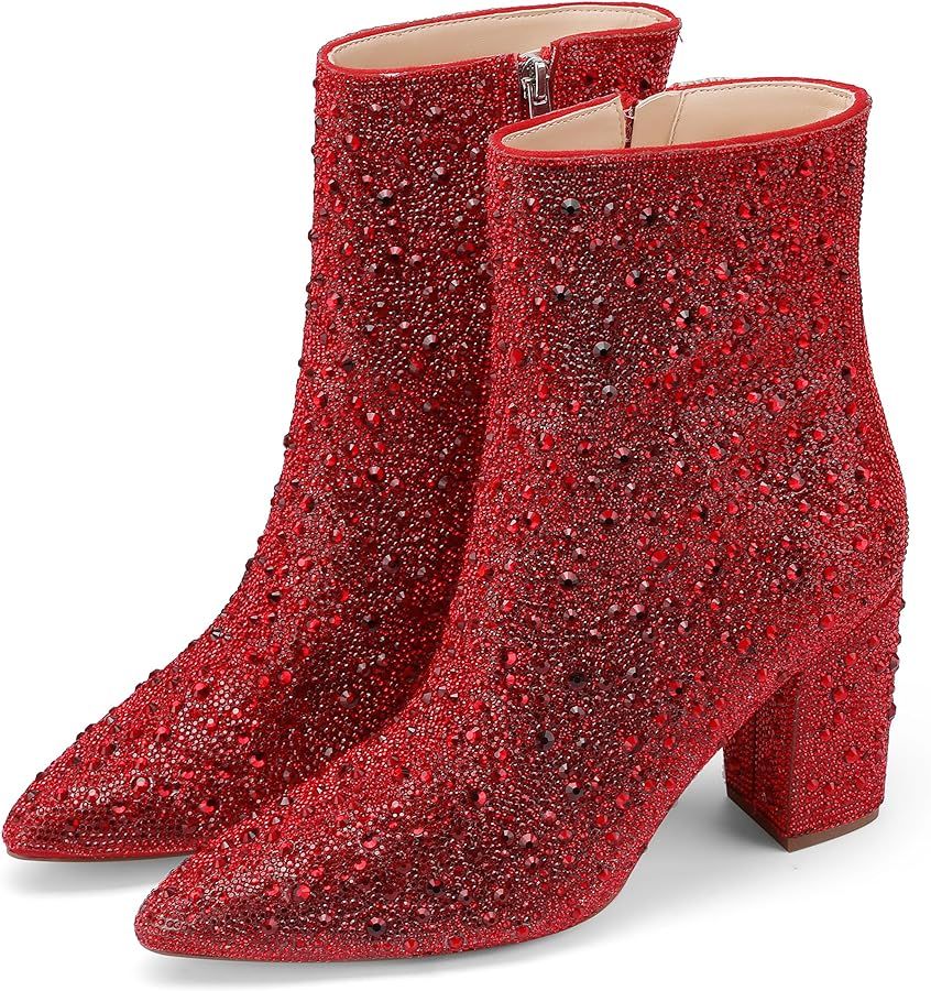 Erocalli Rhinestone Boots for Women Ankle Boots Sparkly Glitter Chunky Heel Hot Dressy Party Prom... | Amazon (US)