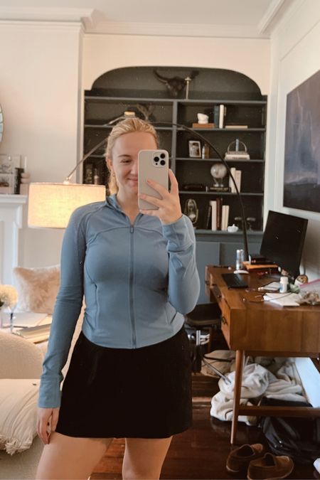 wearing a size 8 in the lulu define cropped jacket (color utility blue) and a size M in the skirt from spanx! (Savvyxspanx for 10% off + free ship!)