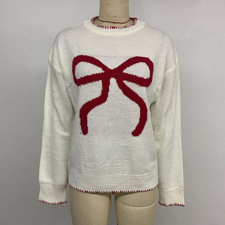 ClodeEU Womens Christmas Cute Bow Long Sleeve Sweaters,Loose Crewneck Knit Pullover Beige,Womens ... | Walmart (US)