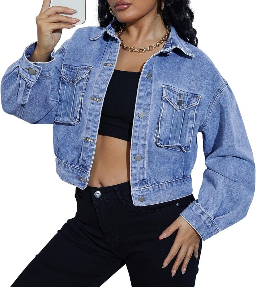LONGBIDA Women's Jean Jacket Frayed Washed Button Up Cropped Denim Jacket With Pockets | Amazon (US)