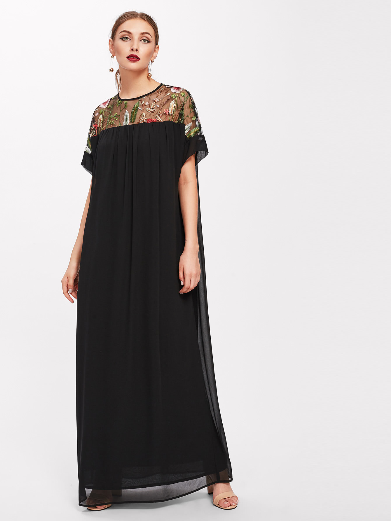 Keyhole Embroidered Mesh Yoke Dress | SHEIN