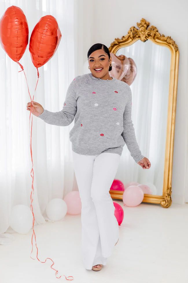 All To Myself Grey Lip Applique Sweater | Pink Lily