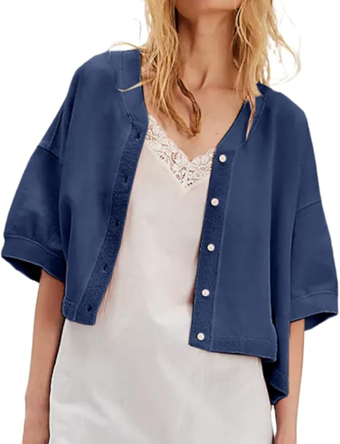 Womens Short Sleeve Cardigans Summer Going Out Open Front Vintage Y2k Button Down V Neck Shirt Dr... | Amazon (US)