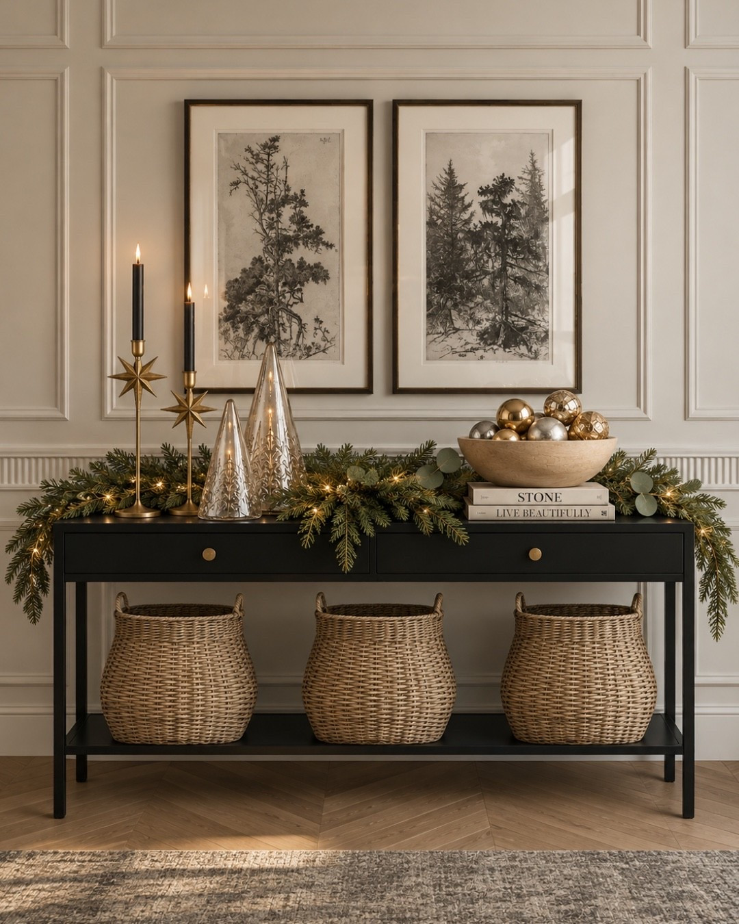 Effortless holiday elegance - warm greenery, glowing candle light and timeless textures create a beautifully layered Christmas moment. 

Christmas, Christmas decor, Christmas ideas, Christmas finds, home decor, wall art, basket, storage, console table, Christmas decor, Christmas decoration, wall art, tree wall art, entry way, entryway decor, home decor, area rug, rug, pottery barn, wayfair, Etsy, McGee and co