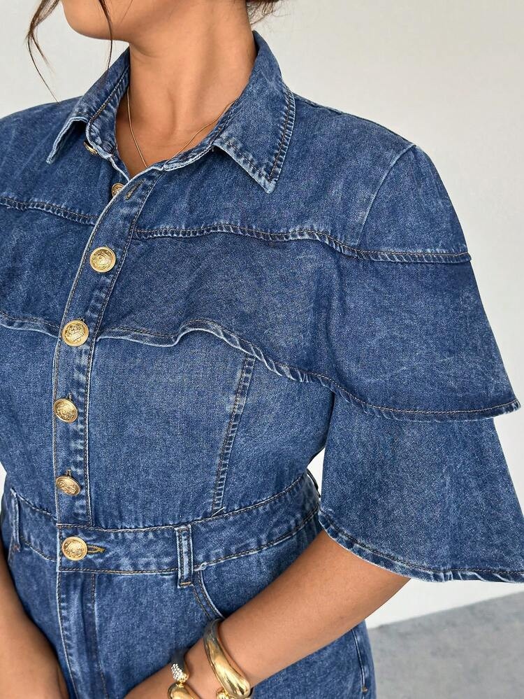 Plus Size Women's Single-Breasted Pocket Denim Jumpsuit,Summer Women Romantic/Prom/Formal/Birthday/90s /Business Casual Woman/Elegant/Western Wear/Going Out/Fashion/Casual/Y2k /Club/Office /Cocktail/Vintage/Bodycon/Rave Festival/Funny/Classy/Old Money/Streetwear/Vacation /Country Concert /Work /Modest/Spring Break/Bachelorette /Concert/Baddie/Basic/Graduation,2026 Summer New Ruffled Denim Romper, Turn Down Collar Flare Sleeve High Waist Jumpsuit For Women 🇺🇸 ,Plus Size High Waist Denim Romper, Double Layer Flare Sleeve Button Down Casual Shorts Jumpsuit,New Ruffled Flare Sleeve Denim Romper, High Waist Flattering Turn Down Collar Shorts Jumpsuit ,Elegant Washed Blue Denim Romper, Summer Double Layer Flare Sleeve Design High Waist Jumpsuit Shorts | SHEIN