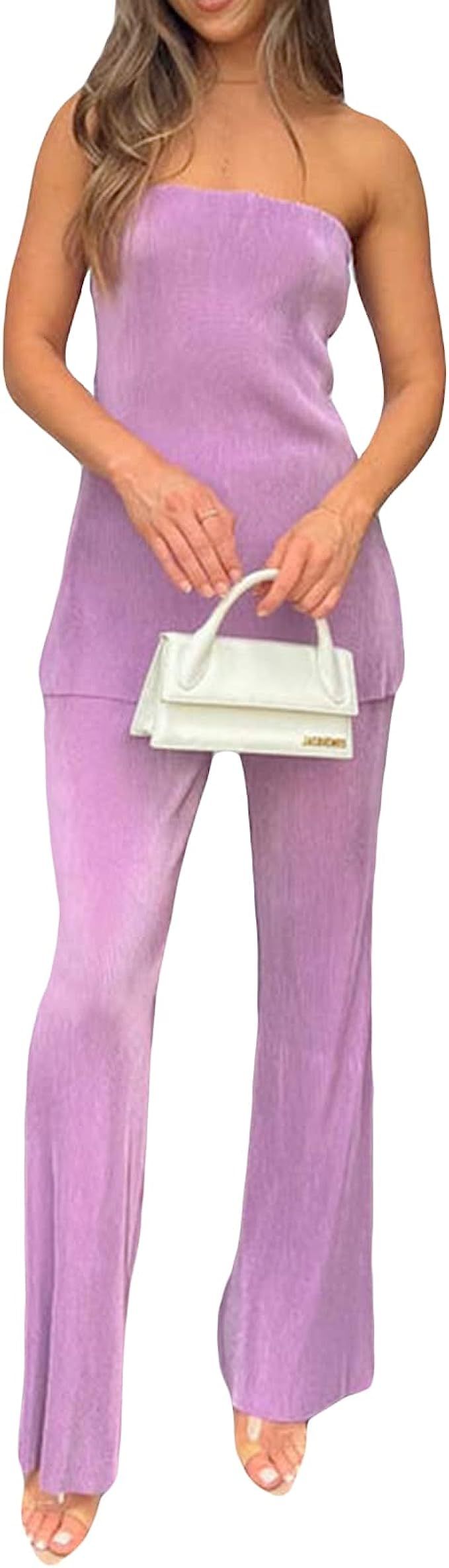 Women 2 Piece Plisse Set Strapless Off Shoulder Tube Top Wide Leg Pants Set Y2k Suits Beach Outfi... | Amazon (US)