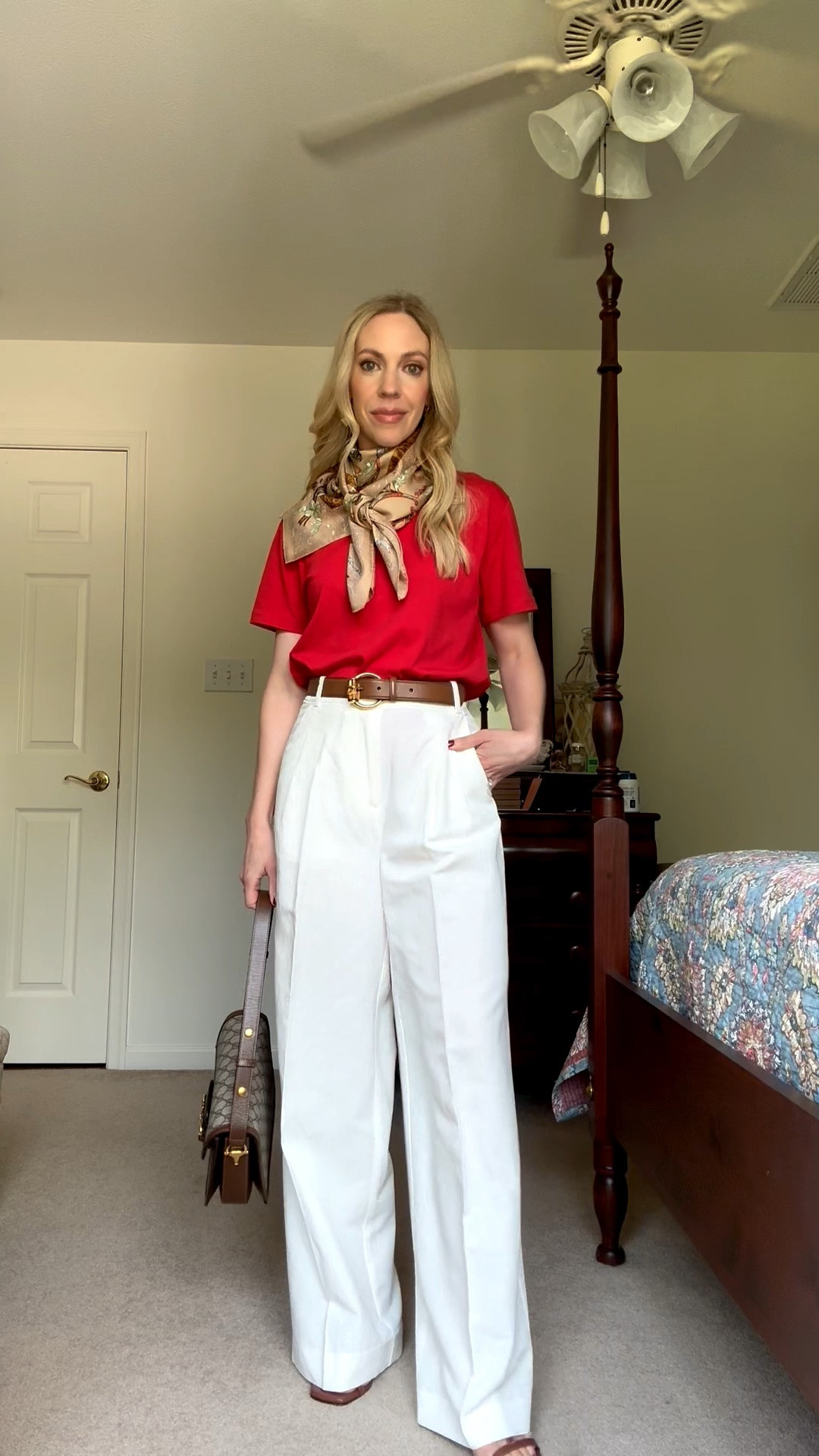 Business casual, over 40 workwear, red tee, silk scarf, white linen pants

#LTKOver40 #LTKWorkwear #LTKSeasonal