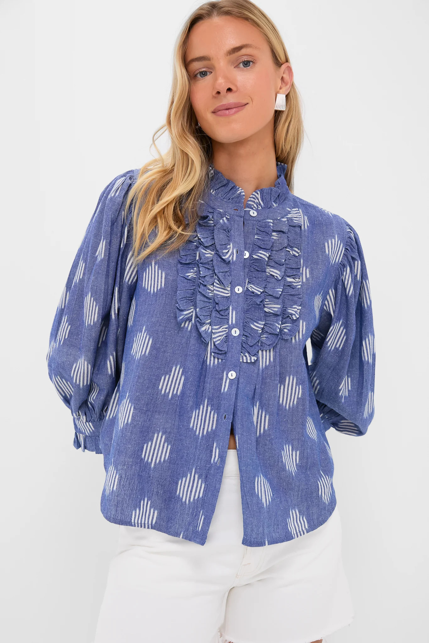 Exclusive Chatham Blue Ruffle Front Blouse | Tuckernuck (US)