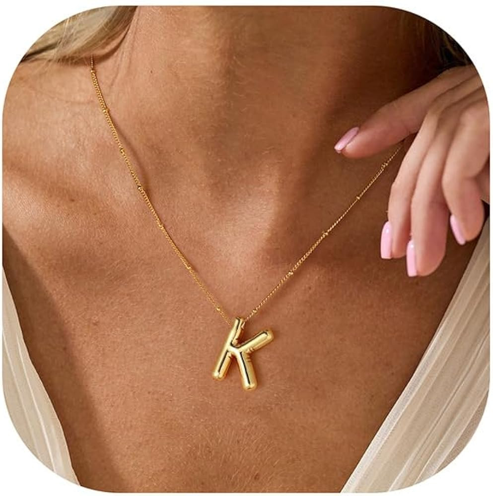Turandoss Bubble Letter Necklace for Women - Personalized Chunky Gold Bubble Initial Necklaces Le... | Amazon (US)