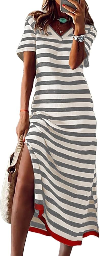 Dokotoo Summer Dress Casual Womens Fashion Short Sleeve Maxi Dress T Shirt Dress Striped Long Col... | Amazon (US)