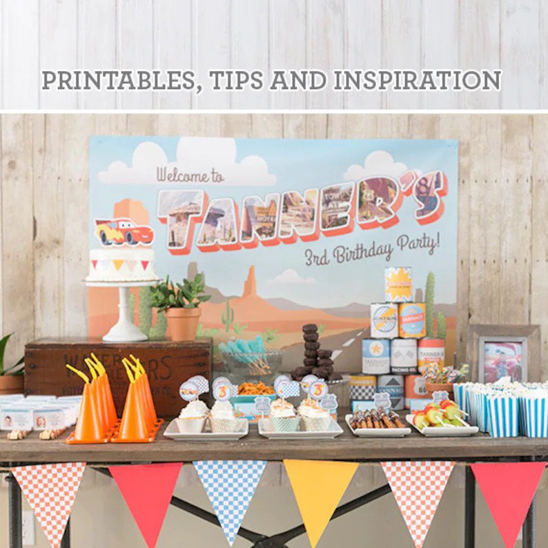 Personalized Radiator Springs Vintage Cars Birthday Party Printables Banner Only Plus Free Cupcak... | Etsy (US)