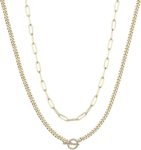 14K Gold Plated Dainty Layering Necklaces for Women | Snake Chain, Curb Link, Paperclip Layered C... | Amazon (US)