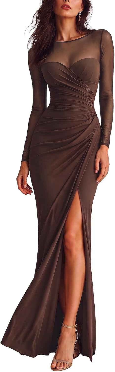 Women's Mesh Sheer Bodycon Maxi Long Sleeve Wedding Guest Dress | Amazon (US)