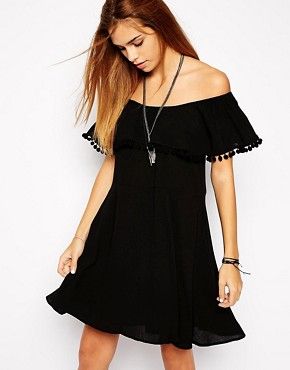 Glamorous Off Shoulder Frill Skater Dress with Pom Pom Detail | ASOS US