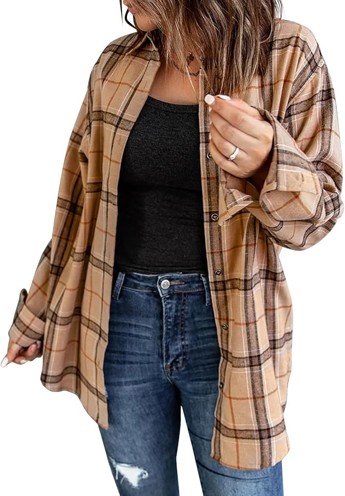 Womens Long Sleeve Plaid Shirts Flannel Collared Button Down Shackets Casual Rolled Up Boyfriend ... | Amazon (US)