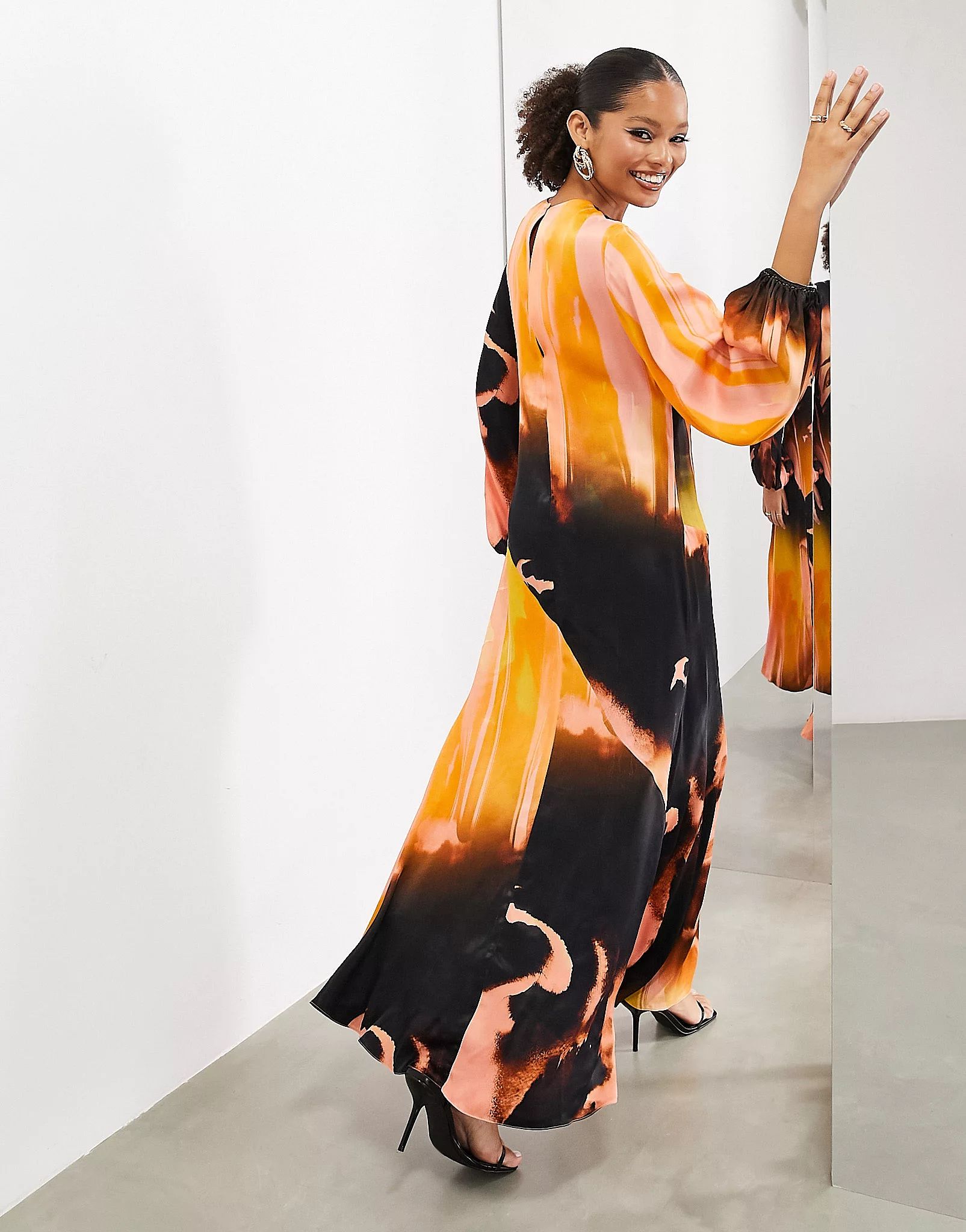 ASOS EDITION satin long sleeve maxi dress with split in abstract paint print | ASOS (Global)
