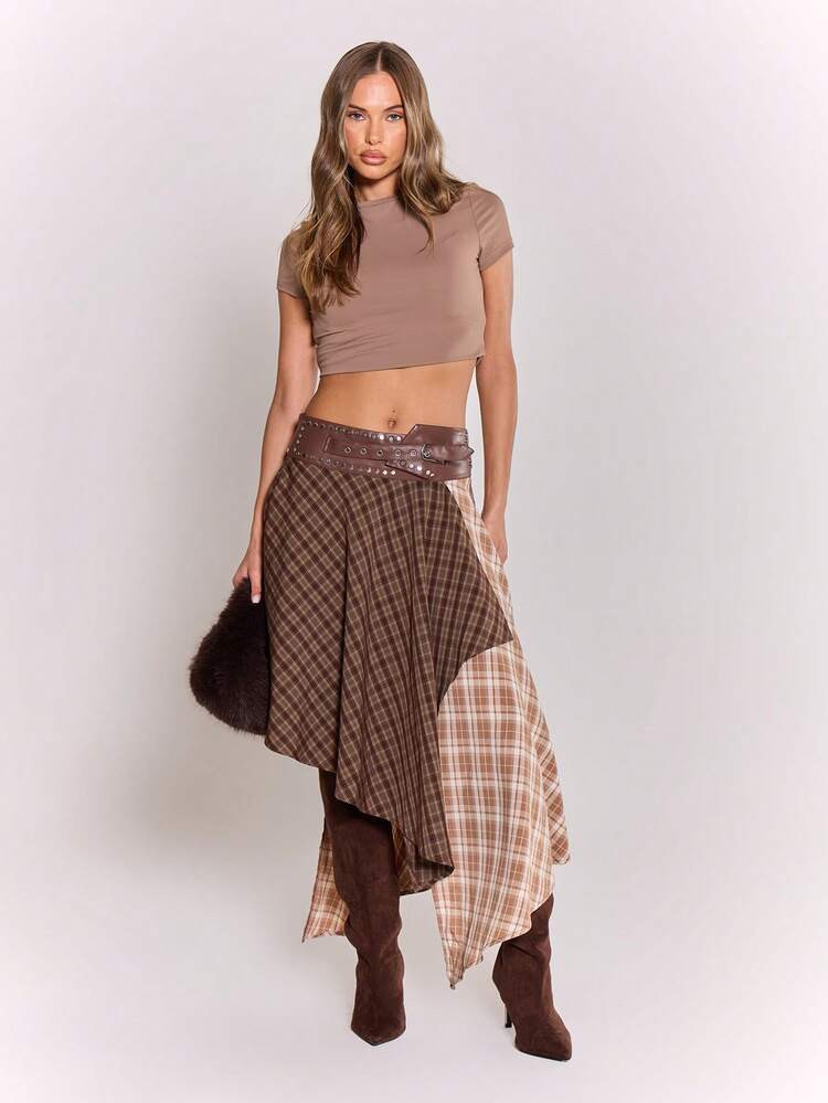 MUSERA Chunky Studded Belted Waist Checkered Asymmetric Hem Midi Skirt Fall Autumn Winter Night Out Going Out Streetwear Cute Sexy Uncut Christmas Elegant | SHEIN