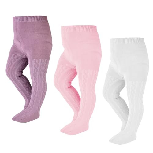 EPEIUS Infant Girl Tights Baby Girl Seamless Cable Knit Leggings Solid Cotton Stockings Footed Pants Dress Tights Clothes for 6-12 Months 3 Pack,Ivory/Purple/Pink,S | Amazon (US)