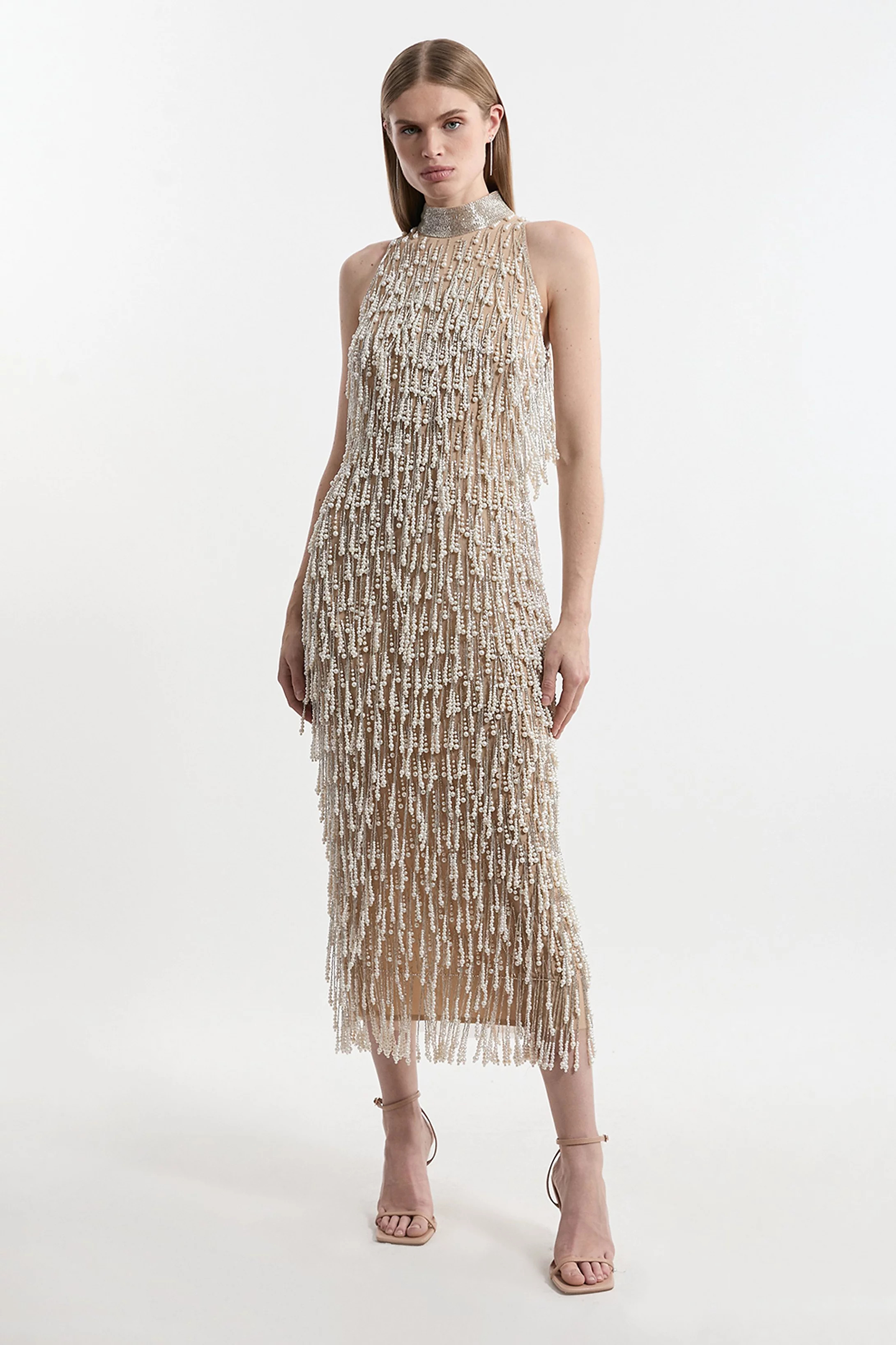 Pearl Tassel Embellished Halter Neck Woven Midi Dress | Karen Millen US