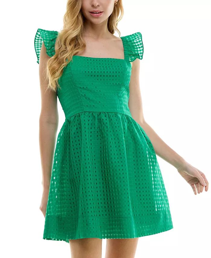 City Studios Junior's Embroidered Windowpane Fit & Flare Dress - Macy's | Macy's