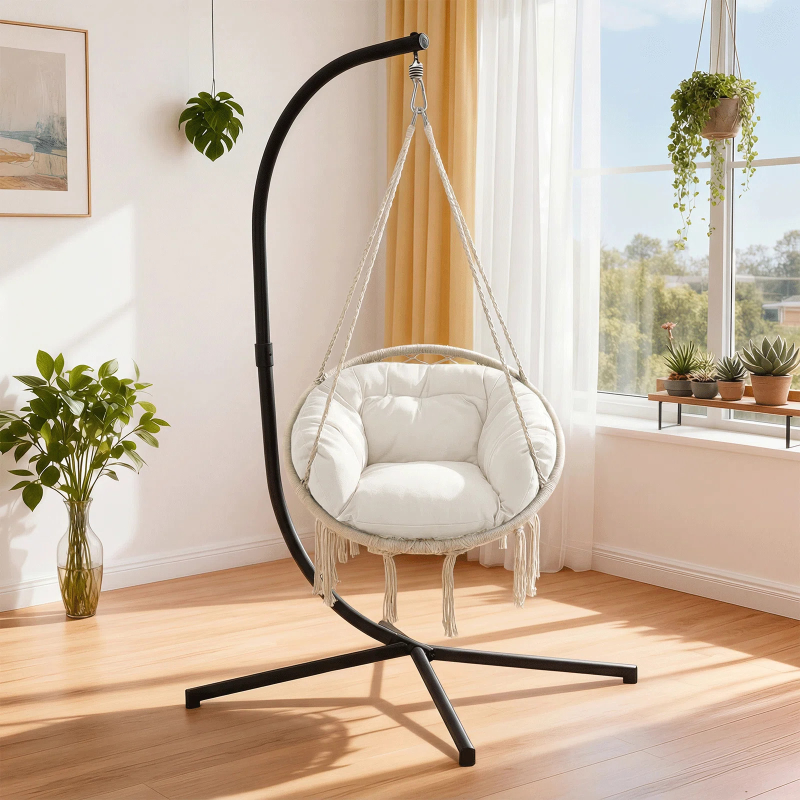 MoNiBloom Macrame Hanging Hammock Chair with Tassels, Cotton Rope Mesh Swing Chair for Indoor Out... | Wayfair North America