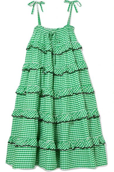 Innika Choo - Tiered Embroidered Gingham Cotton Midi Dress - Green | NET-A-PORTER (US)
