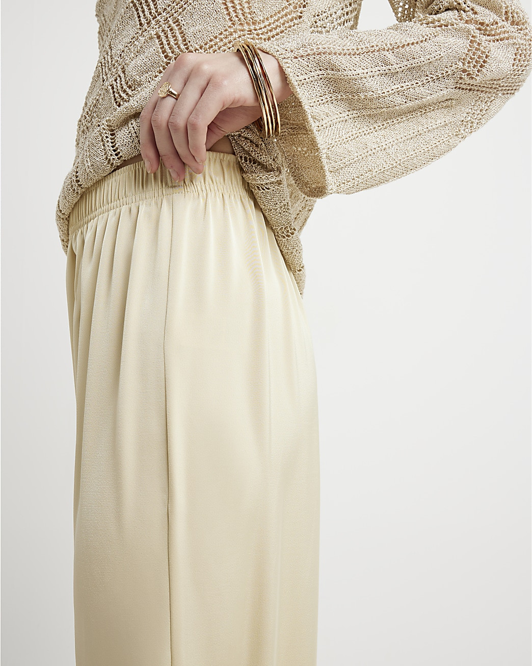 Beige Satin Pull On Elasticated Trousers | River Island (UK & IE)