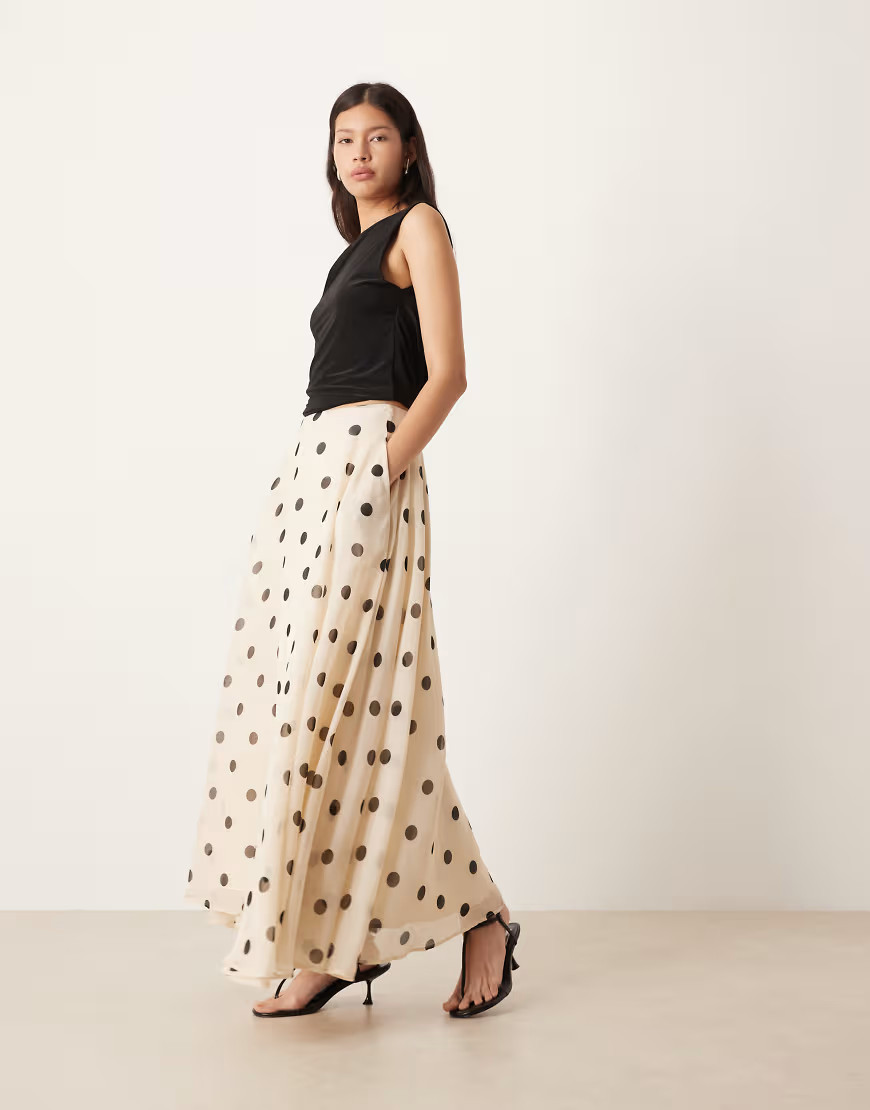 ASOS DESIGN chiffon circle maxi skirt in cream polka dot-Multi | ASOS (Global)