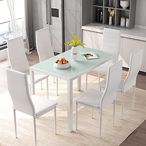 BAHOM 7 Piece Kitchen Dining Table Set for 6, Glass Table and PU Leather Chairs Set of 6 for Brea... | Amazon (US)