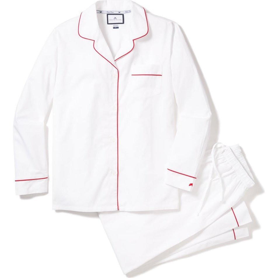 Women's Classic Twill Pajama Set, White & Red Piping | Maisonette
