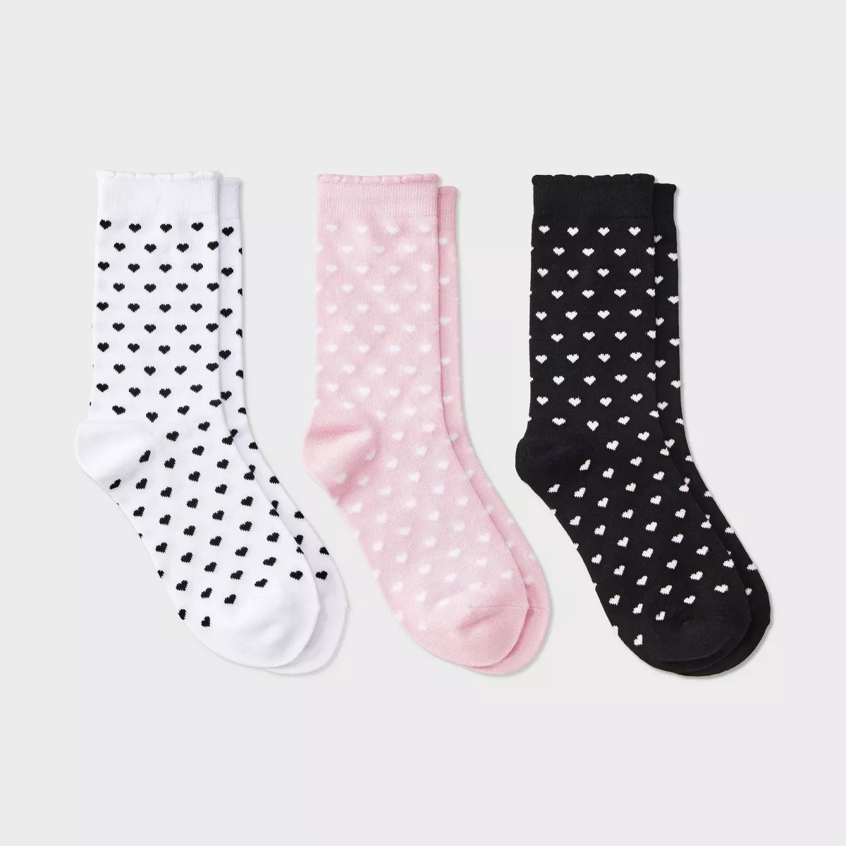 Women's Mini Hearts Scallop Cuff Valentine's Day 3pk Crew Socks - 4-10 | Target