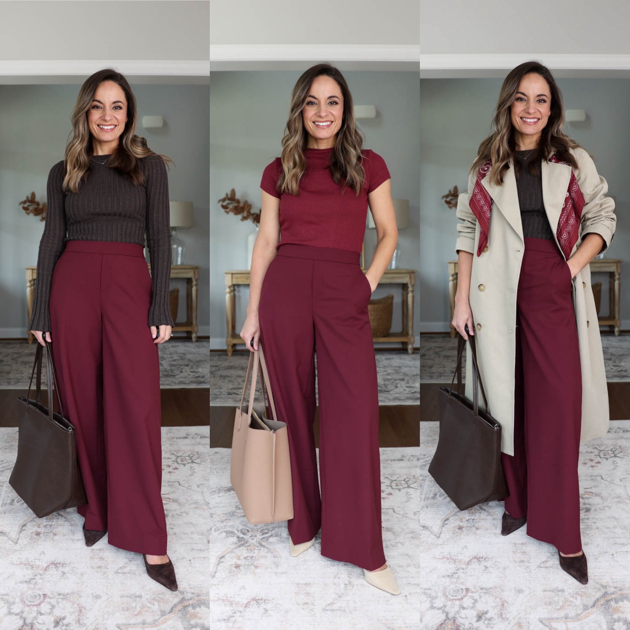 The 2026 Fall Workwear Capsule Wardrobe for petites! Nine outfits with burgundy wide leg pants. 

Burgundy Wide Leg Pants (BR Factory): petite 00 / 10” rise / 28.5” inseam - true to size, elastic waist in the back 

Orange Cardigan (Quince): xs 
Navy Sweater T-Shirt (Quince): xs 
Ivory Draped Top (Quince): xs 
Brown Ribbed Top (Quince): xs 
Wrap Cardigan (Aritzia): xs
White Button Down (J.Crew): petite 00 
Burgundy Short Sleeve Top (BR Factory): xxs 
Striped Button Down (Ann Taylor): xxs 
Brown Wide Leg Pants (BR Factory): petite 00 (doubleweave is sold out in brown, linking in black, similar option in the Hayden Pants)
Wide Leg Jeans (J.Crew Factory): petite 24 
Navy Slim Pants (Ann Taylor): petite 00 (I’m wearing curvy, but linked both fits)
Olive Cropped Flare Pants (J.Crew): petite 0 
Tan Blazer (J.Crew): petite 00 
Navy Blazer (J.Crew): petite 00 
Trench Coat (J.Crew): petite 00 

For size comparison, I’m 4’10” 105lbs. My measurements are 32”, 24”, 36”. I typically wear petite xxs/00/24 and have a 25” ankle inseam and a 27.5-28” full length inseam.

#LTKPetite #LTKWorkwear