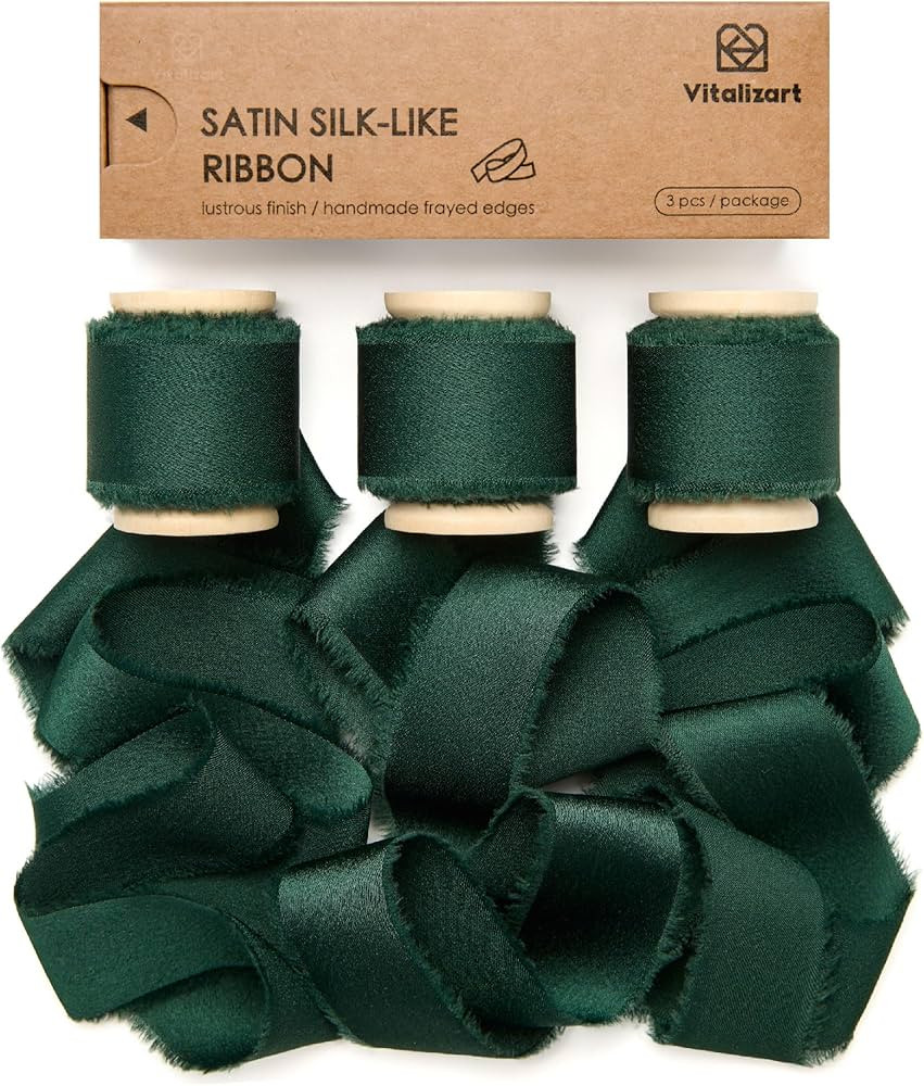 Vitalizart Silk Satin Ribbon 1 Inch x 15 Yard Wooden Spool Dark Green Handmade Frayed Ribbon for ... | Amazon (US)