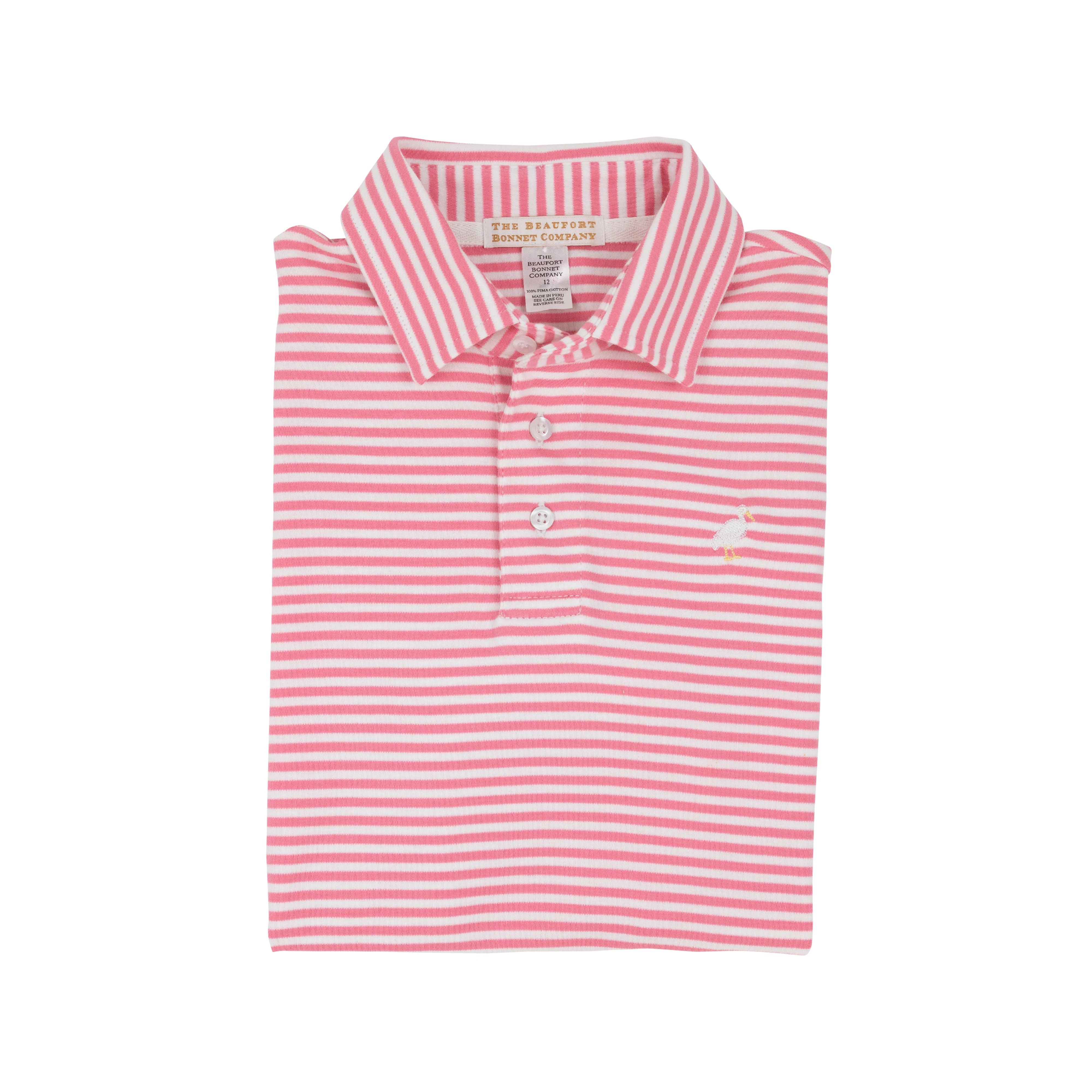 Prim & Proper Polo & Onesie - Hamptons Hot Pink Stripe with Multicolor Stork | The Beaufort Bonnet Company