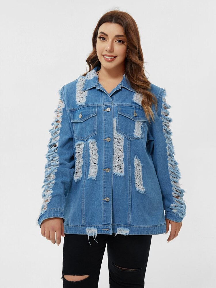 Plus Ladder Distressed Flap Pocket Denim Jacket | SHEIN