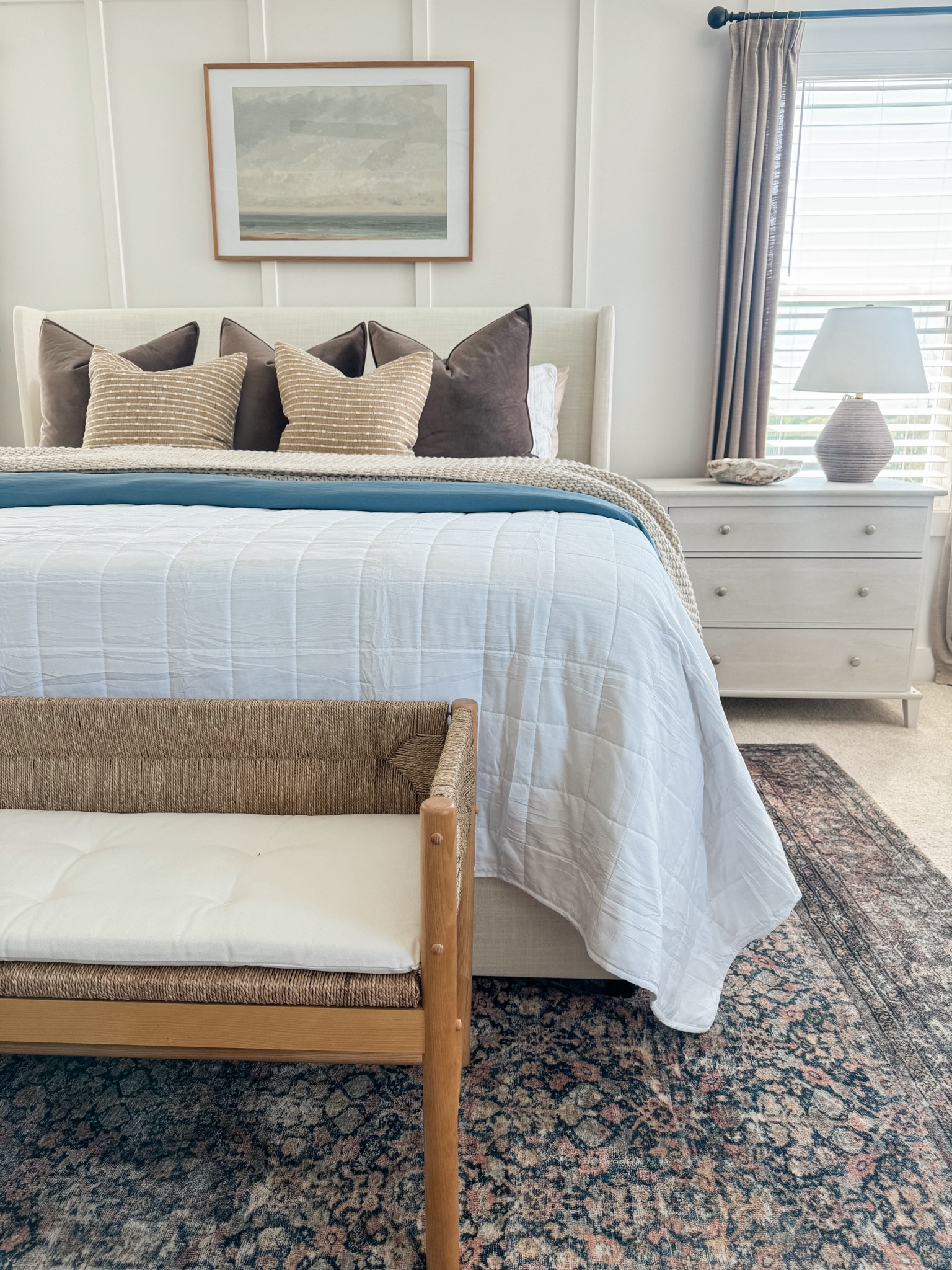 Primary Bedroom 

Modern coastal bedroom, modern organic bedroom, transitional bedroom, Tilly bed, upholstered bed, king bed, bedroom design, master bedroom design, bedding, bedroom rug, art over bed, nightstands, bed bench  

#LTKStyleTip #LTKFamily #LTKHome