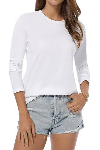 QUALFORT 100% Cotton Long Sleeve T Shirt Women Crew Neck Lightweight Tee | Amazon (US)